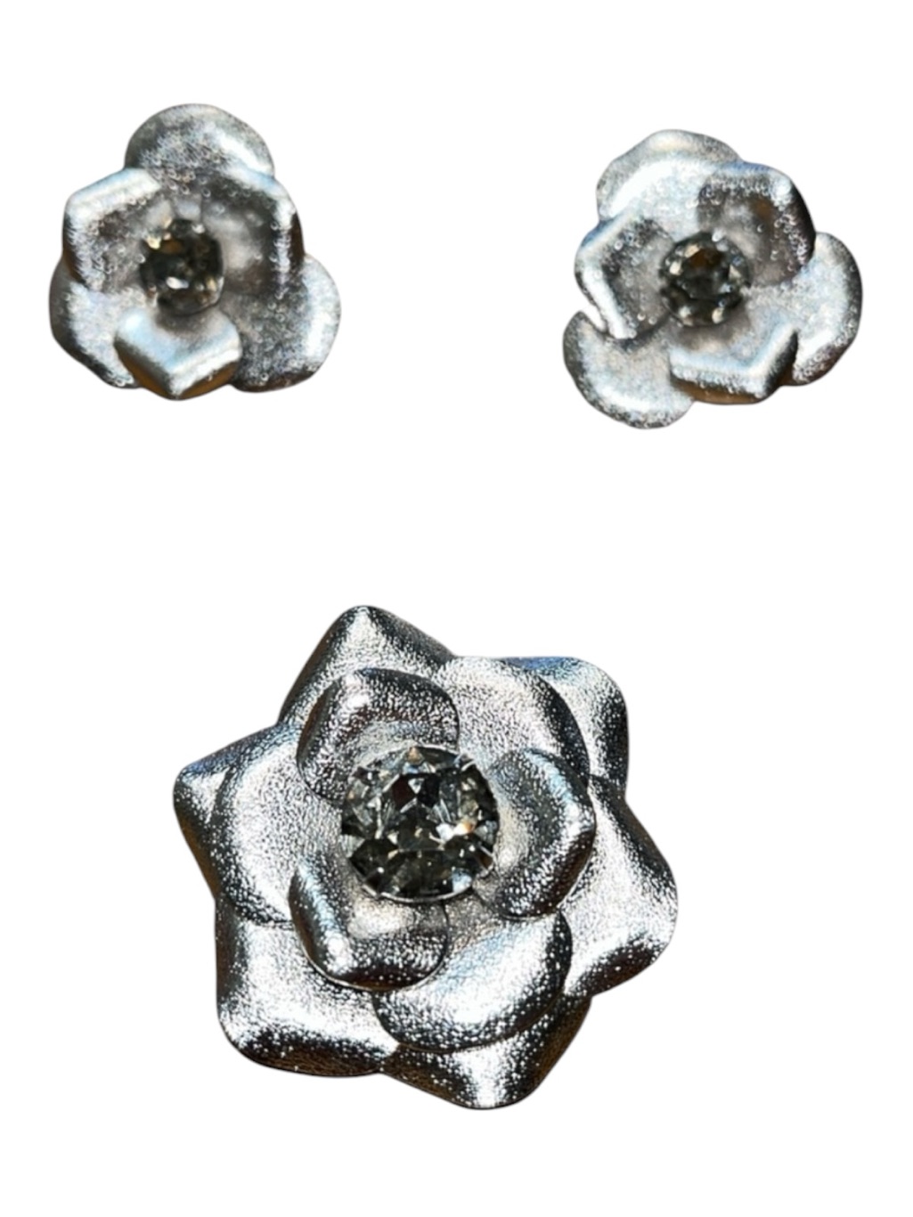 Silver Toned Floral Rhinestone Clip On Earring And Brooch/Necklace Pendant Set